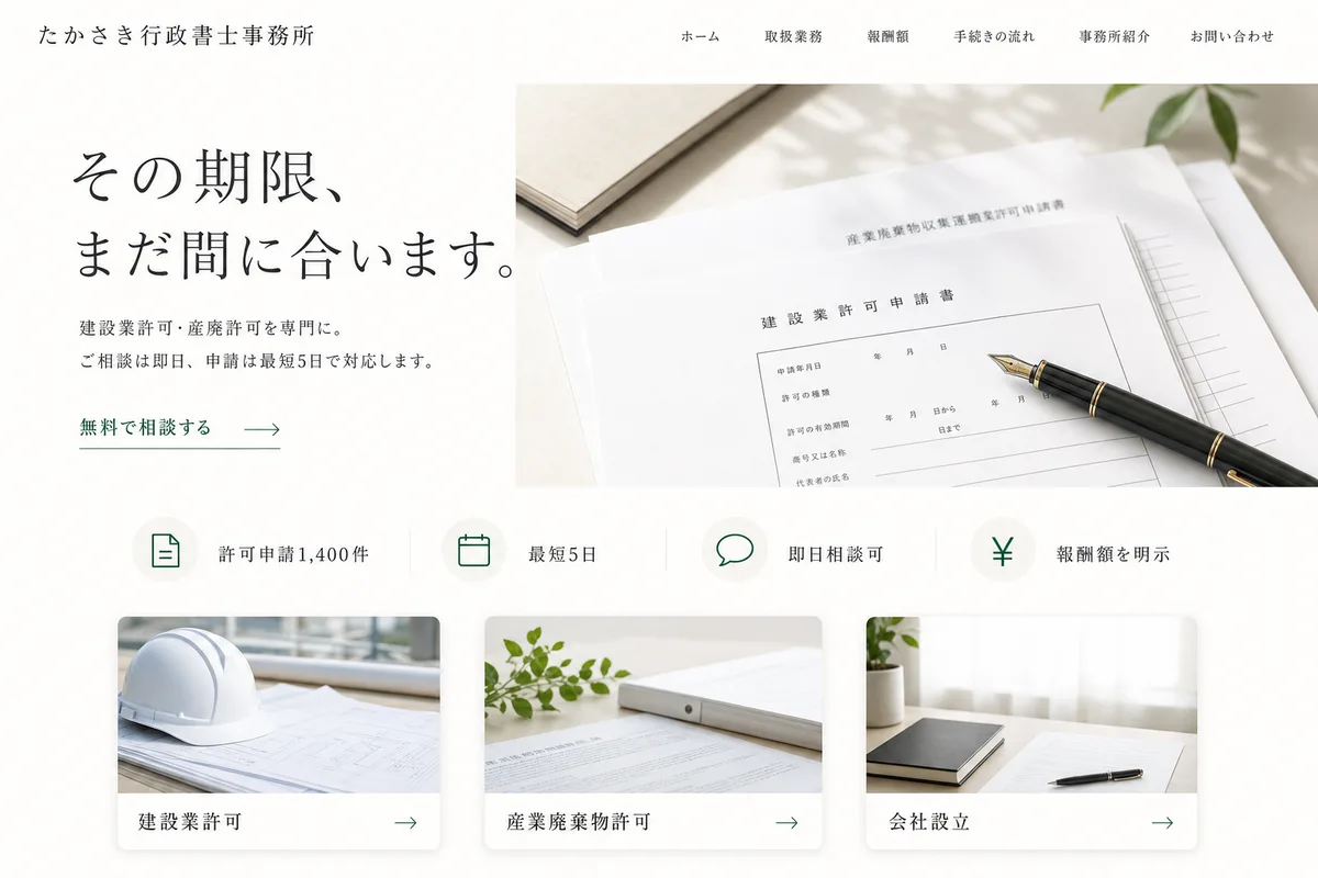 当社が制作する場合のデザイン例（F案：余白を広くとった、静かな白基調）
