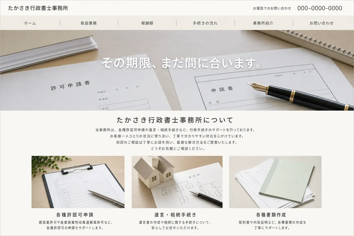 無料テンプレートにありがちな構成の例（写真の上に社名を重ねただけの構成）