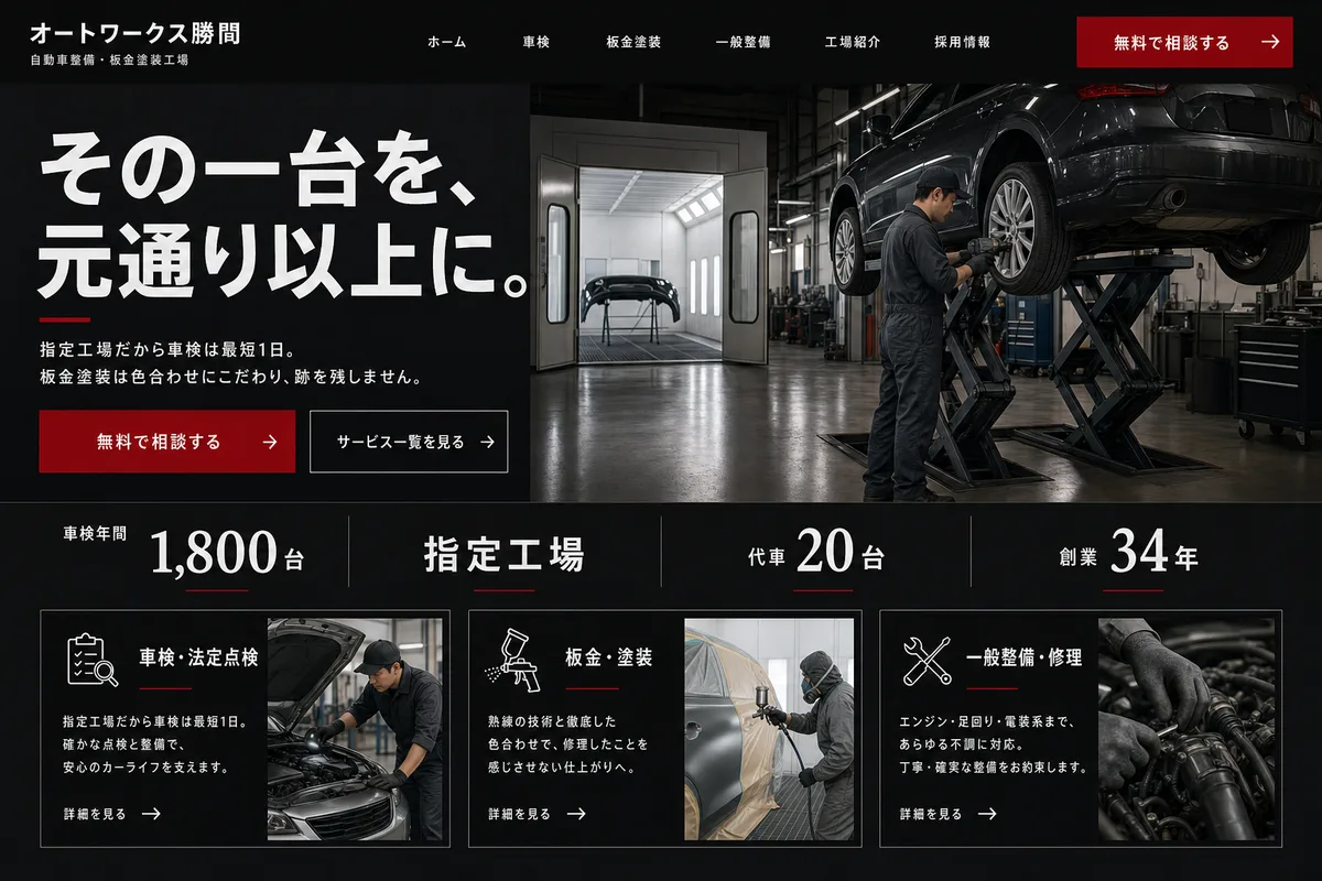 当社が制作する場合のデザイン例（E案：濃色の面と数字で、実績から入る型）