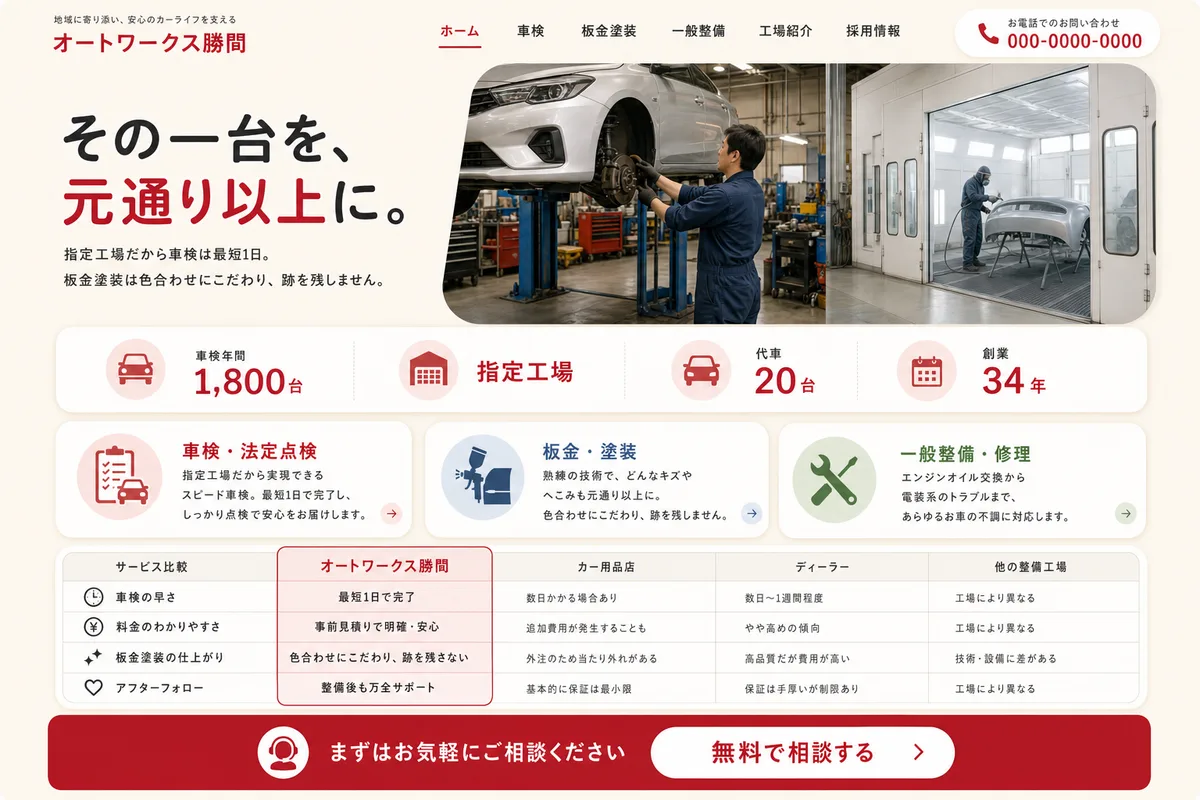 当社が制作する場合のデザイン例（G案：明るい配色と比較表で、選びやすくする型）