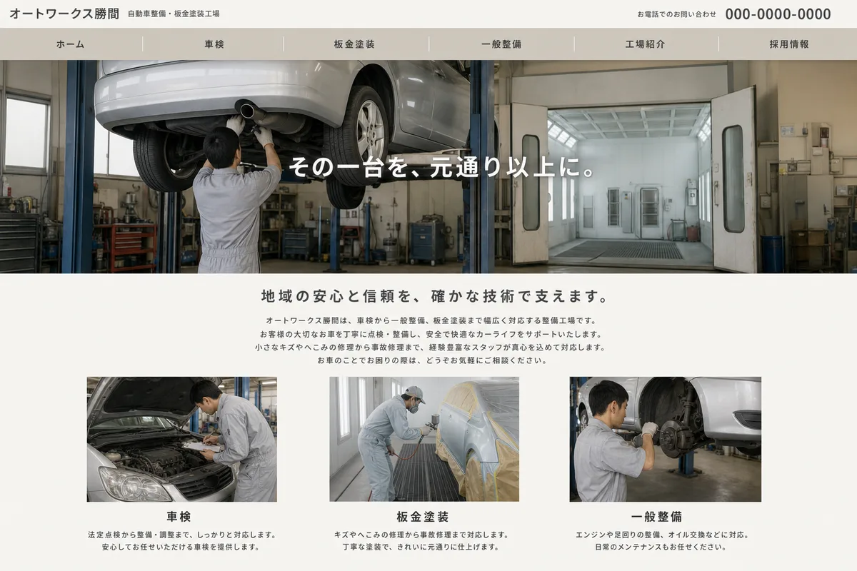 無料テンプレートにありがちな構成の例（写真の上に社名を重ねただけの構成）