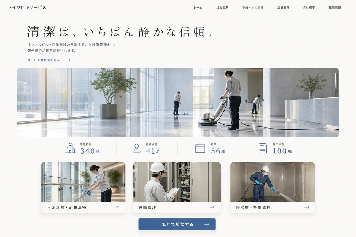 当社が制作する場合のデザイン例（E案：余白を広くとった、静かな白基調）
