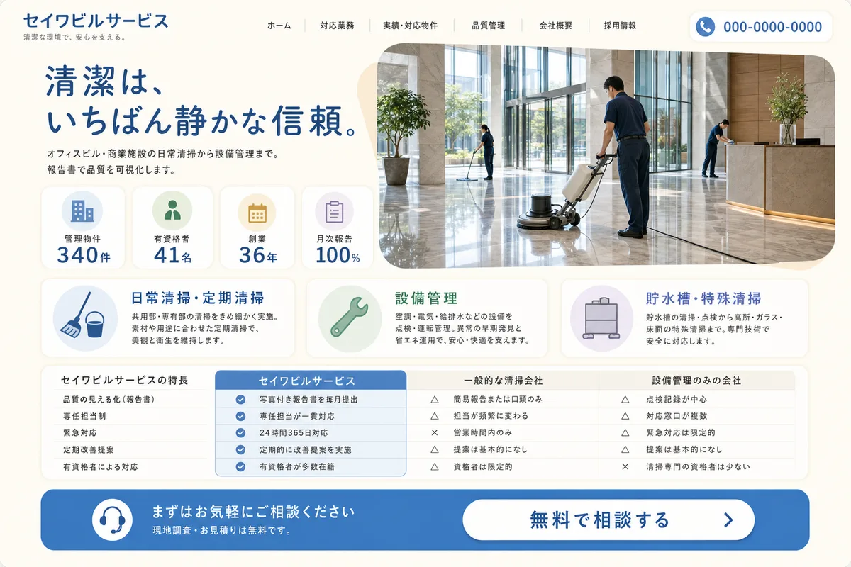 当社が制作する場合のデザイン例（F案：明るい配色と比較表で、選びやすくする型）