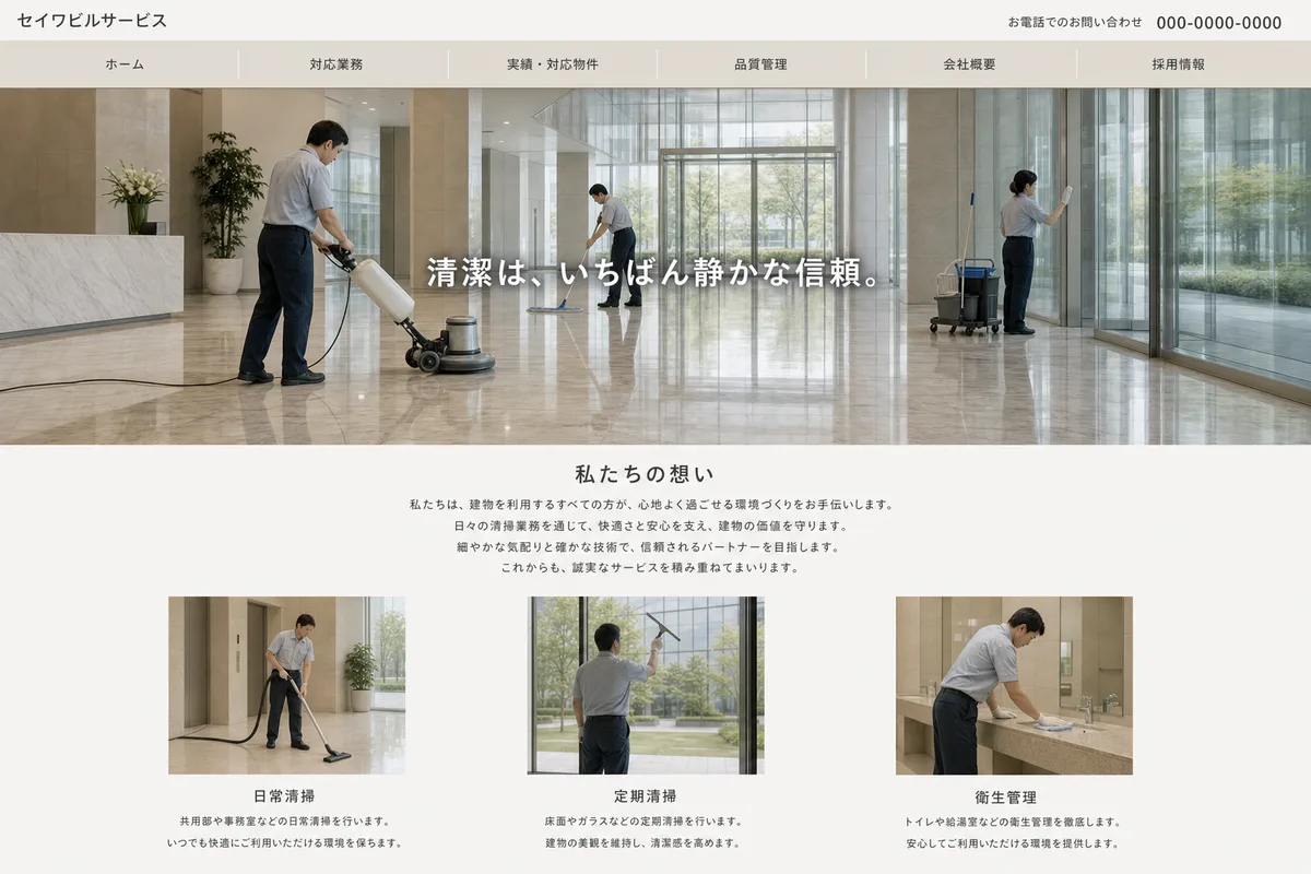 無料テンプレートにありがちな構成の例（写真の上に社名を重ねただけの構成）