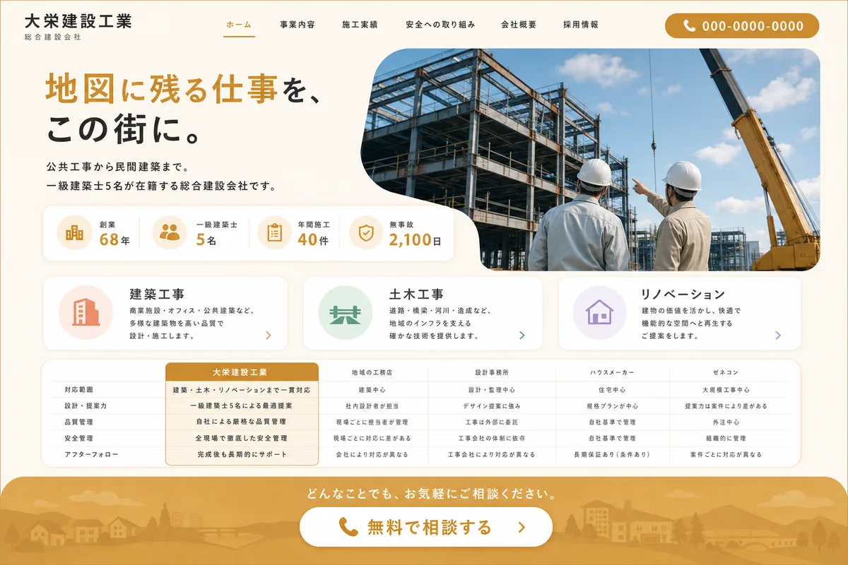 当社が制作する場合のデザイン例（F案：明るい配色と比較表で、選びやすくする型）