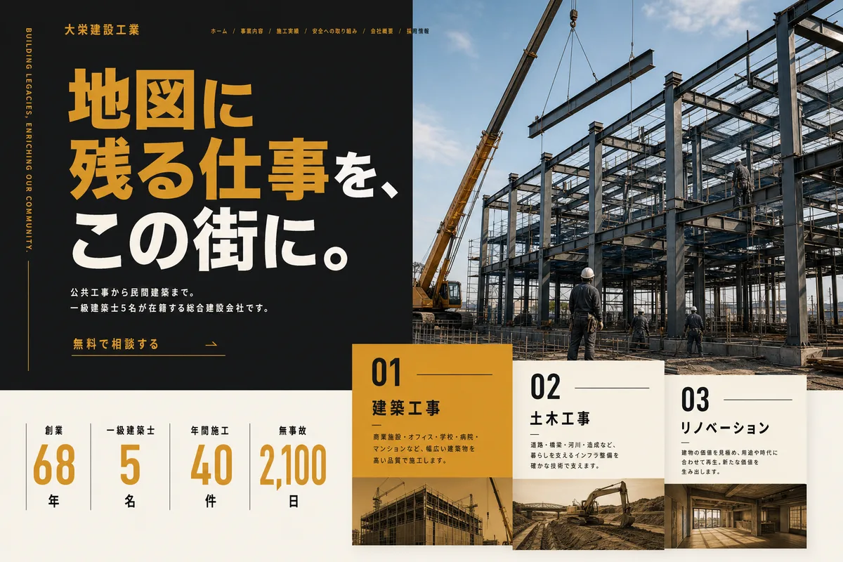 当社が制作する場合のデザイン例（G案：色面と写真を組み合わせ、手順を見せる型）