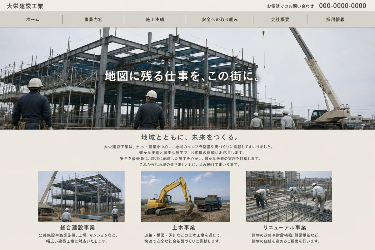 無料テンプレートにありがちな構成の例（写真の上に社名を重ねただけの構成）