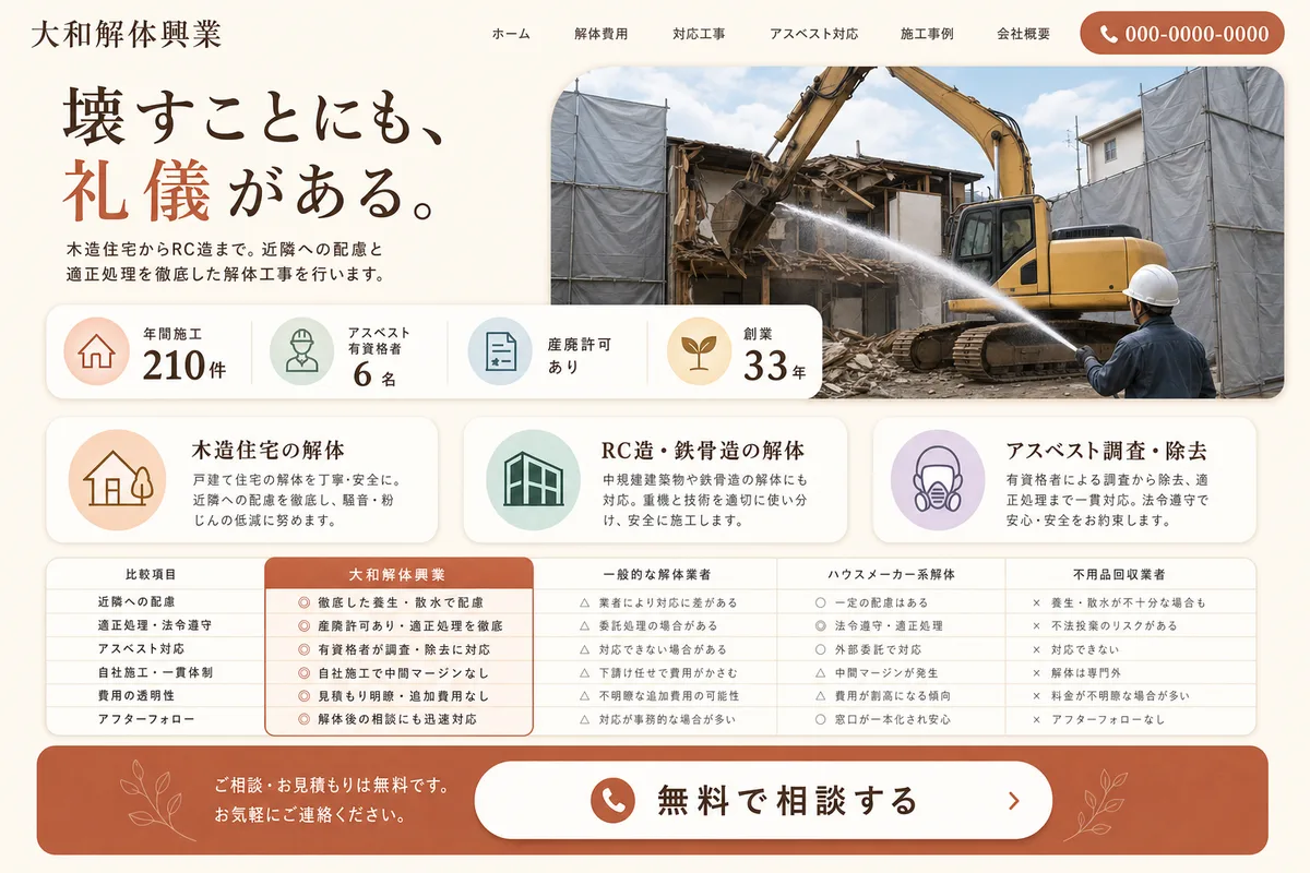 当社が制作する場合のデザイン例（F案：明るい配色と比較表で、選びやすくする型）