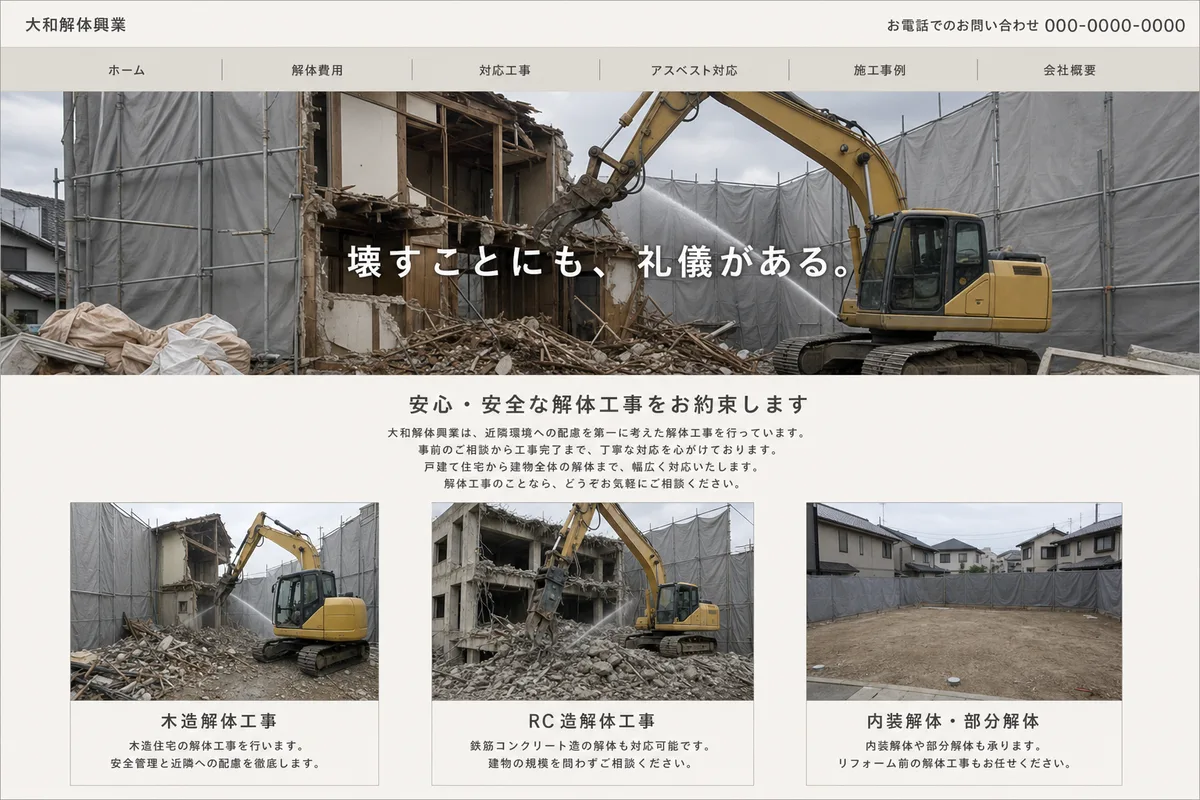 無料テンプレートにありがちな構成の例（写真の上に社名を重ねただけの構成）