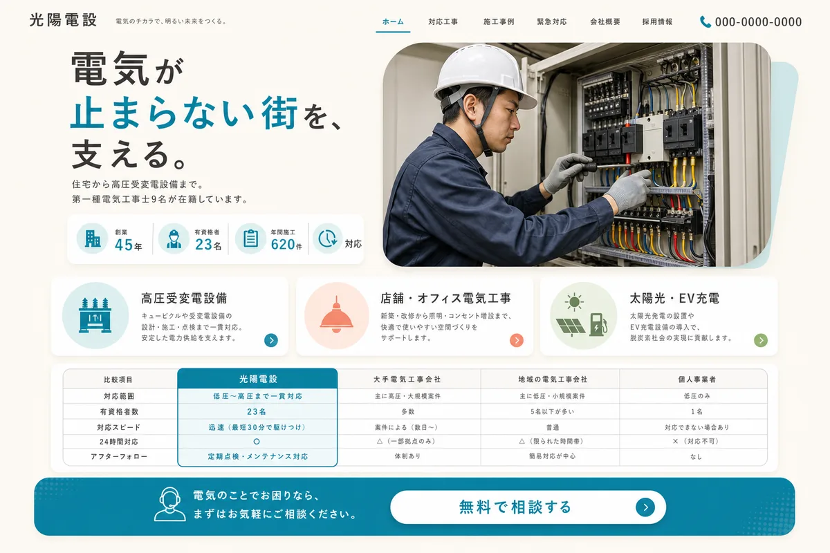 当社が制作する場合のデザイン例（F案：明るい配色と比較表で、選びやすくする型）