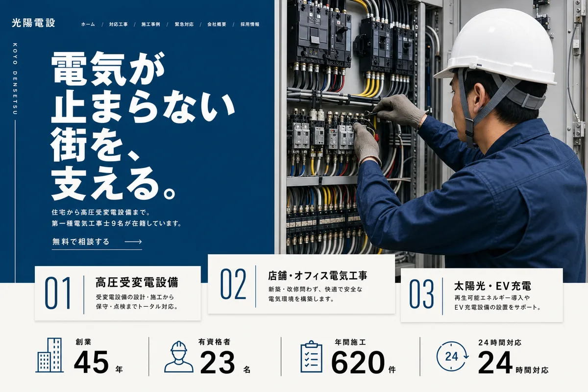 当社が制作する場合のデザイン例（G案：色面と写真を組み合わせ、手順を見せる型）