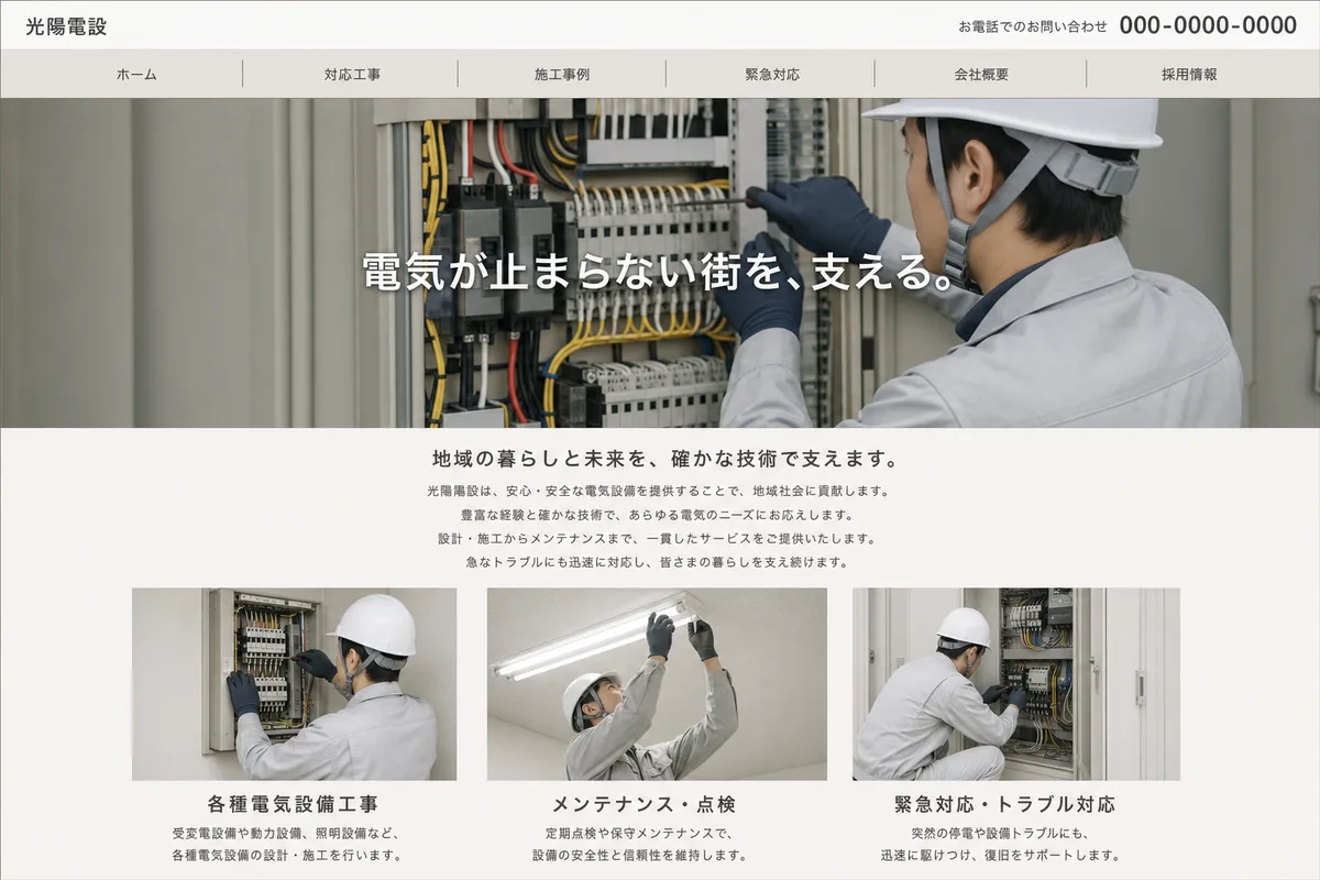 無料テンプレートにありがちな構成の例（写真の上に社名を重ねただけの構成）