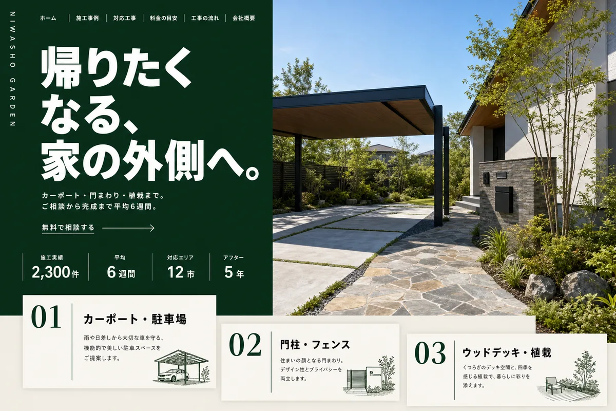 当社が制作する場合のデザイン例（G案：色面と写真を組み合わせ、手順を見せる型）