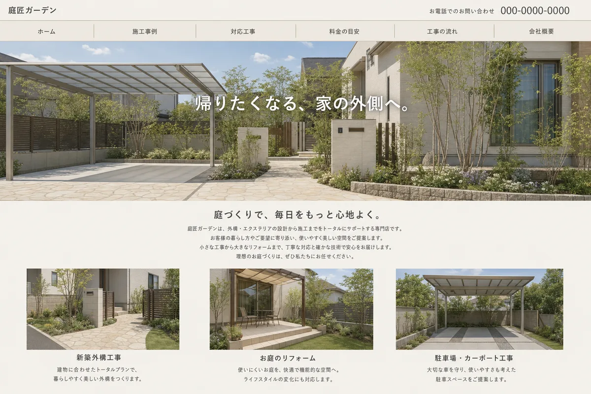 無料テンプレートにありがちな構成の例（写真の上に社名を重ねただけの構成）