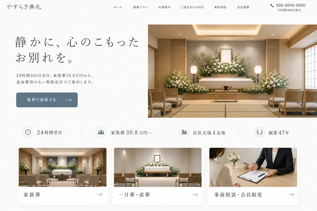 当社が制作する場合のデザイン例（E案：余白を広くとった、静かな白基調）