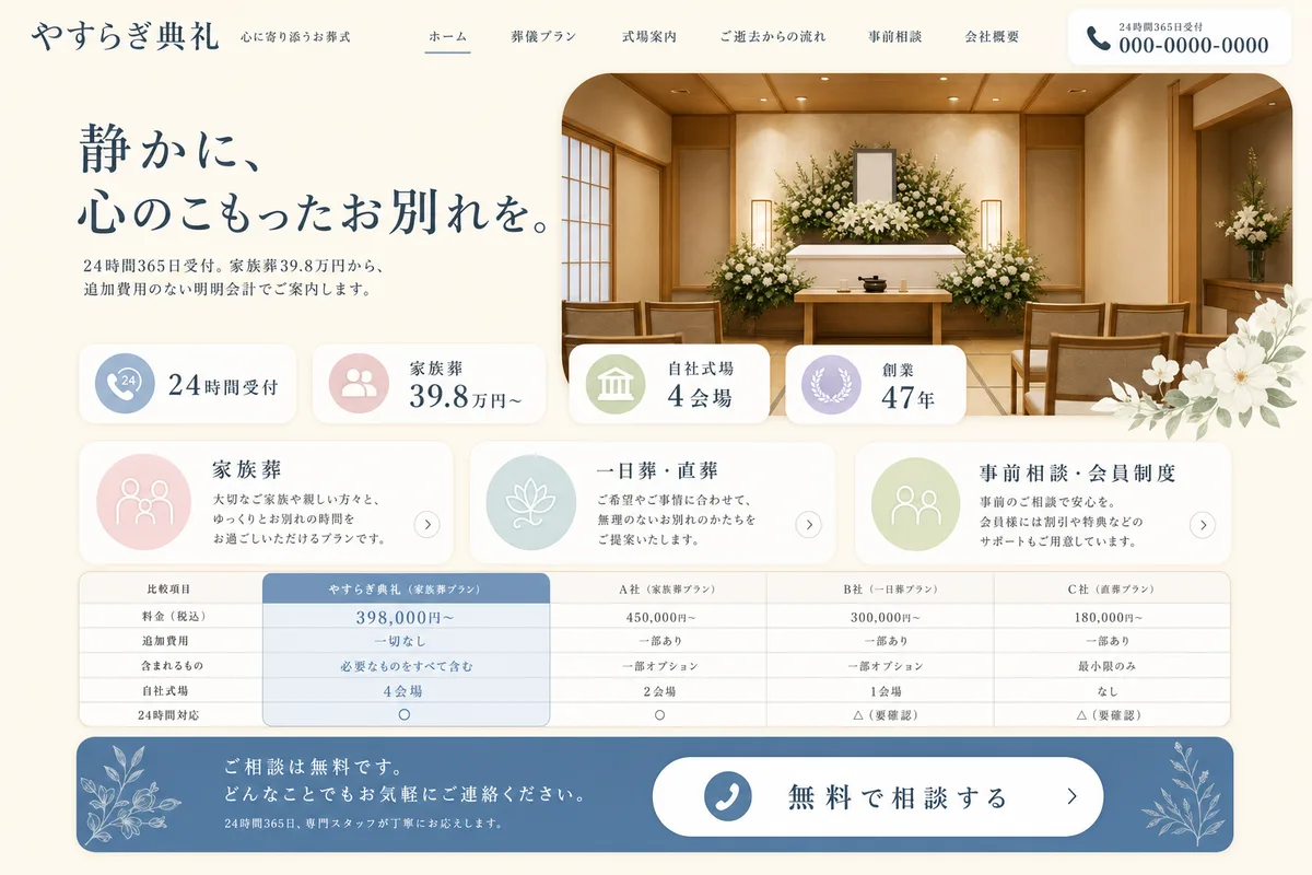 当社が制作する場合のデザイン例（F案：明るい配色と比較表で、選びやすくする型）