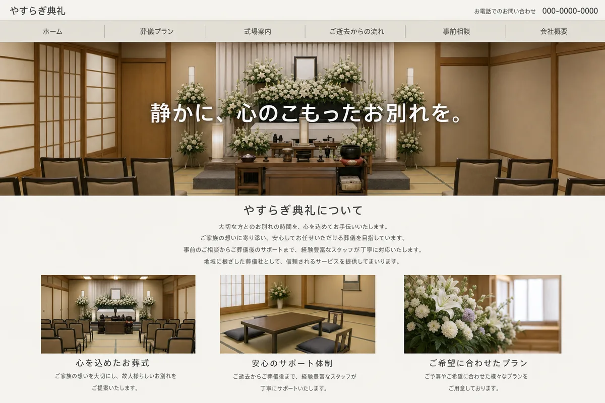無料テンプレートにありがちな構成の例（写真の上に社名を重ねただけの構成）