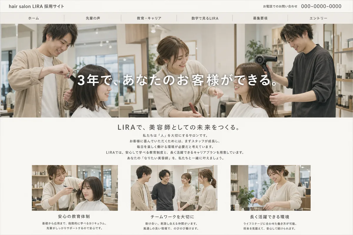 無料テンプレートにありがちな構成の例（写真の上に社名を重ねただけの構成）