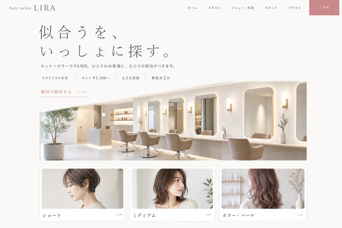 当社が制作する場合のデザイン例（E案：余白を広くとった、静かな白基調）
