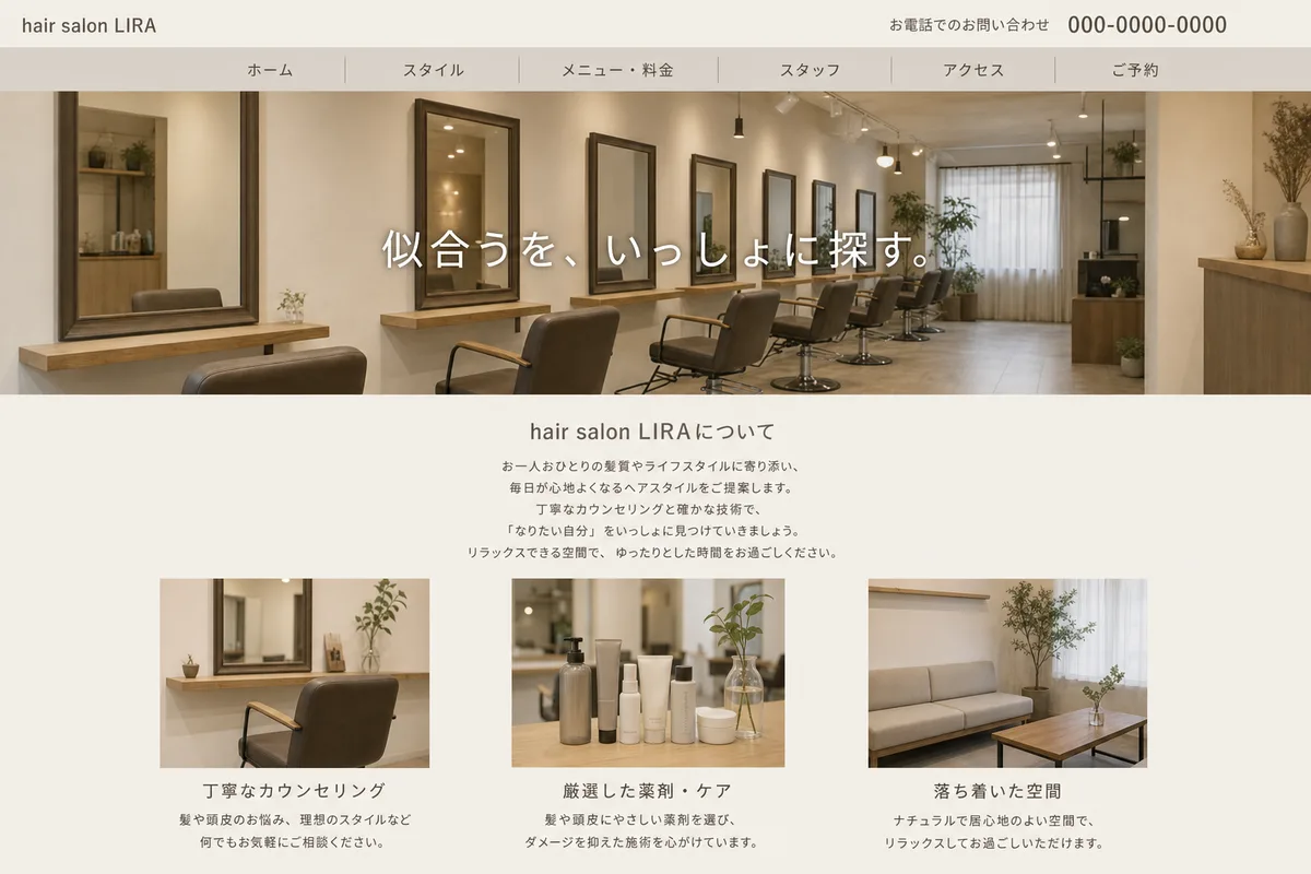 無料テンプレートにありがちな構成の例（写真の上に社名を重ねただけの構成）