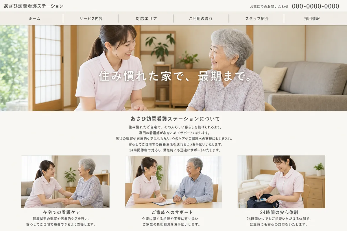 無料テンプレートにありがちな構成の例（写真の上に社名を重ねただけの構成）