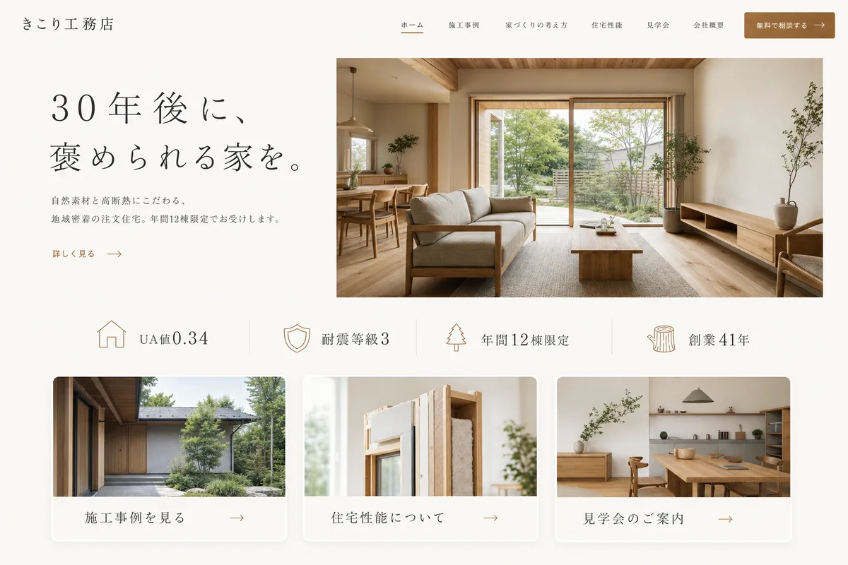 当社が制作する場合のデザイン例（D案：余白を広くとった、静かな白基調）