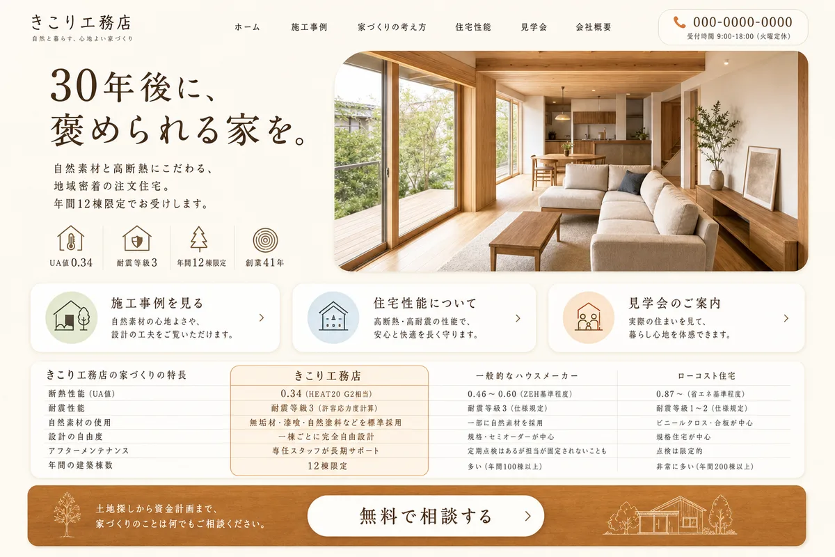 当社が制作する場合のデザイン例（E案：明るい配色と比較表で、選びやすくする型）