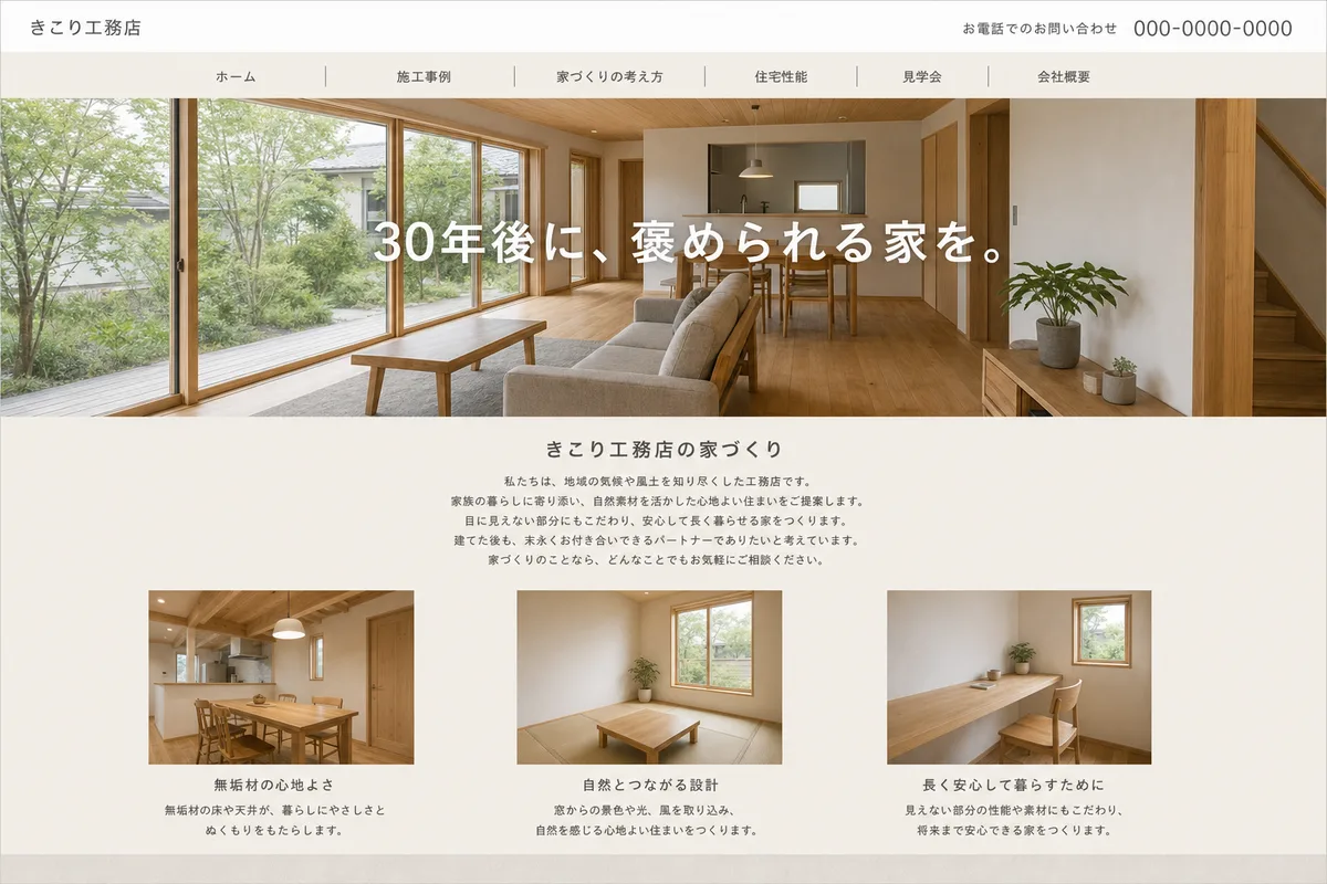 無料テンプレートにありがちな構成の例（写真の上に社名を重ねただけの構成）