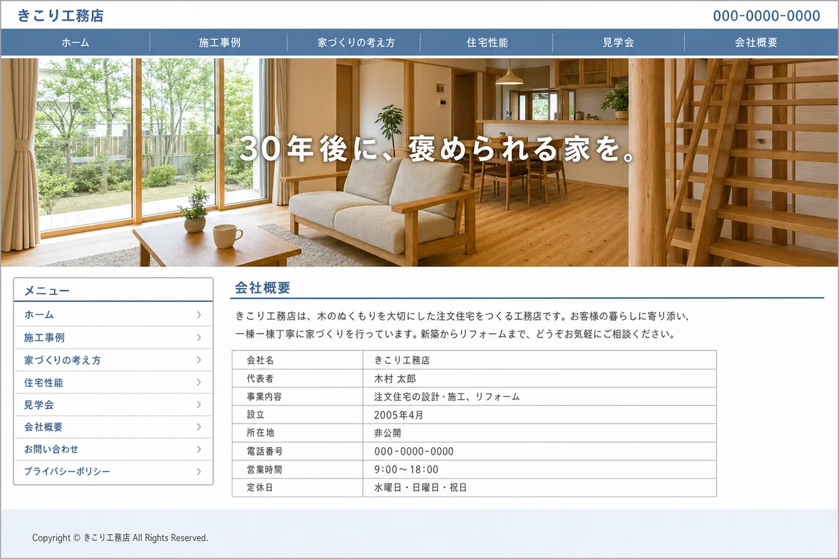 無料テンプレートにありがちな構成の例（情報が均等に並び、優先順位がない構成）