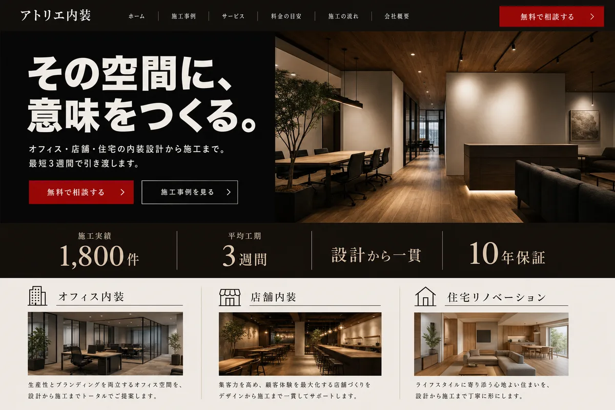 当社が制作する場合のデザイン例（E案：濃色の面と数字で、実績から入る型）