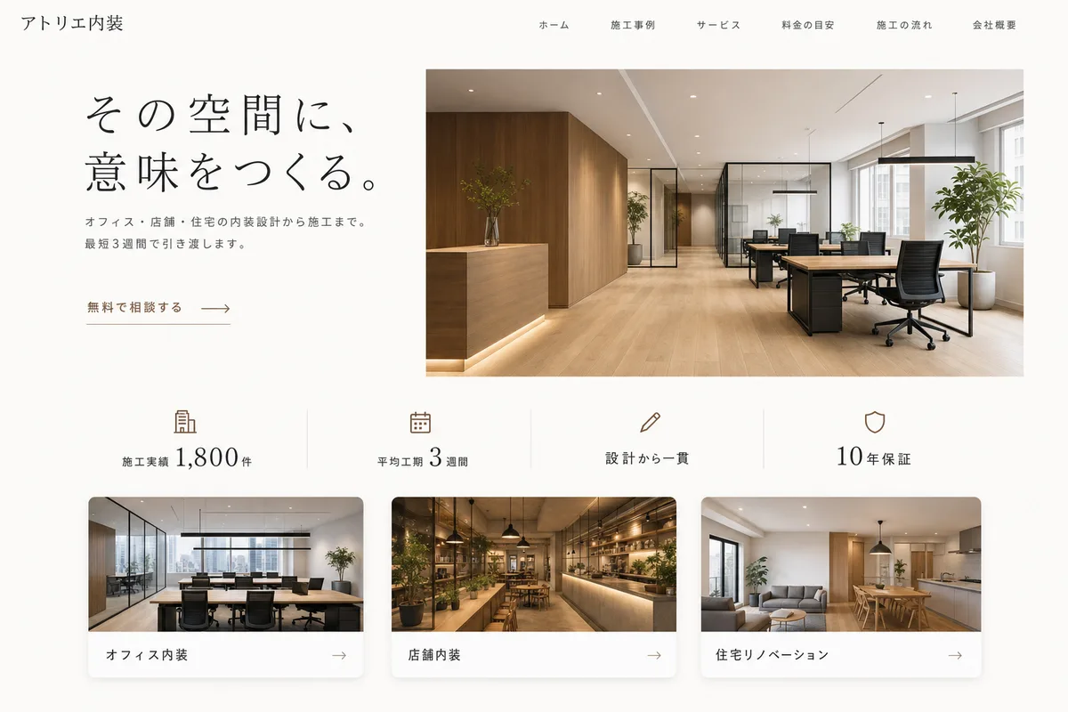 当社が制作する場合のデザイン例（F案：余白を広くとった、静かな白基調）