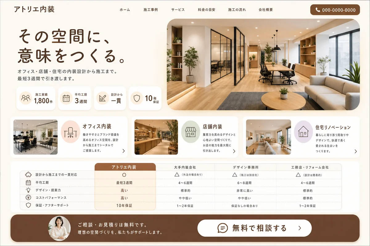 当社が制作する場合のデザイン例（G案：明るい配色と比較表で、選びやすくする型）