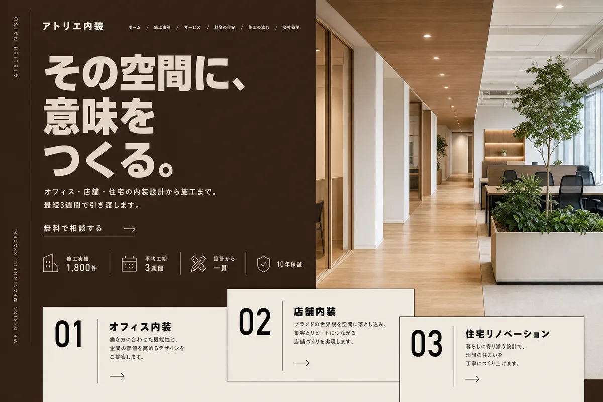 当社が制作する場合のデザイン例（H案：色面と写真を組み合わせ、手順を見せる型）