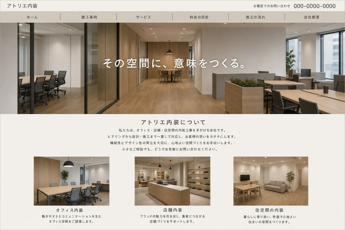 無料テンプレートにありがちな構成の例（写真の上に社名を重ねただけの構成）