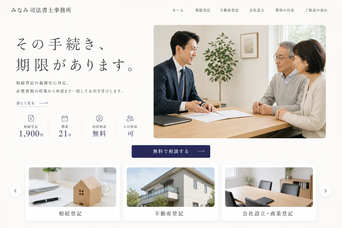 当社が制作する場合のデザイン例（E案：余白を広くとった、静かな白基調）