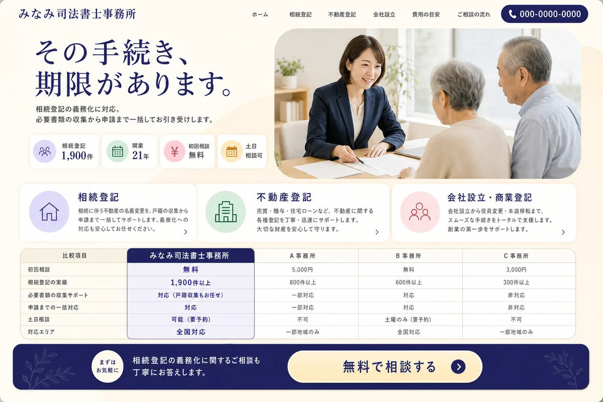 当社が制作する場合のデザイン例（F案：明るい配色と比較表で、選びやすくする型）