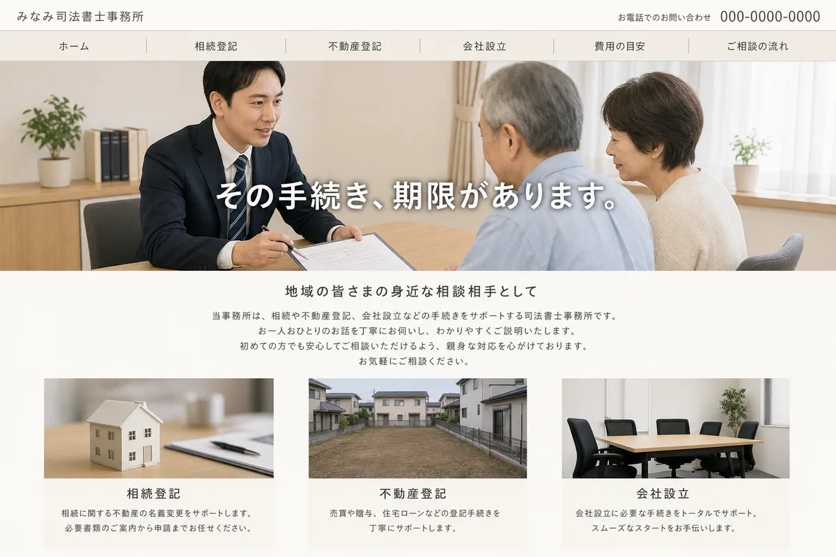 無料テンプレートにありがちな構成の例（写真の上に社名を重ねただけの構成）