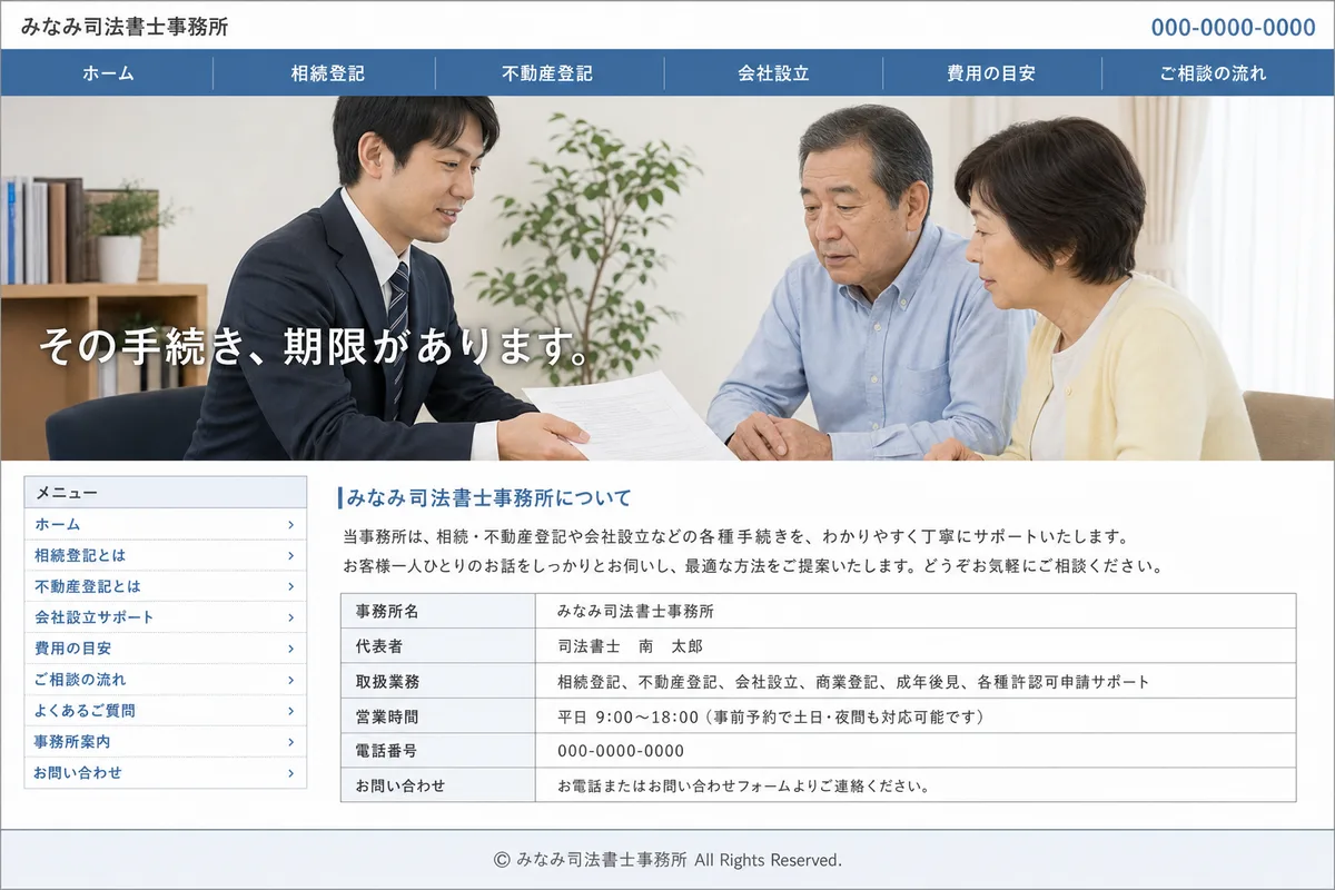 無料テンプレートにありがちな構成の例（情報が均等に並び、優先順位がない構成）