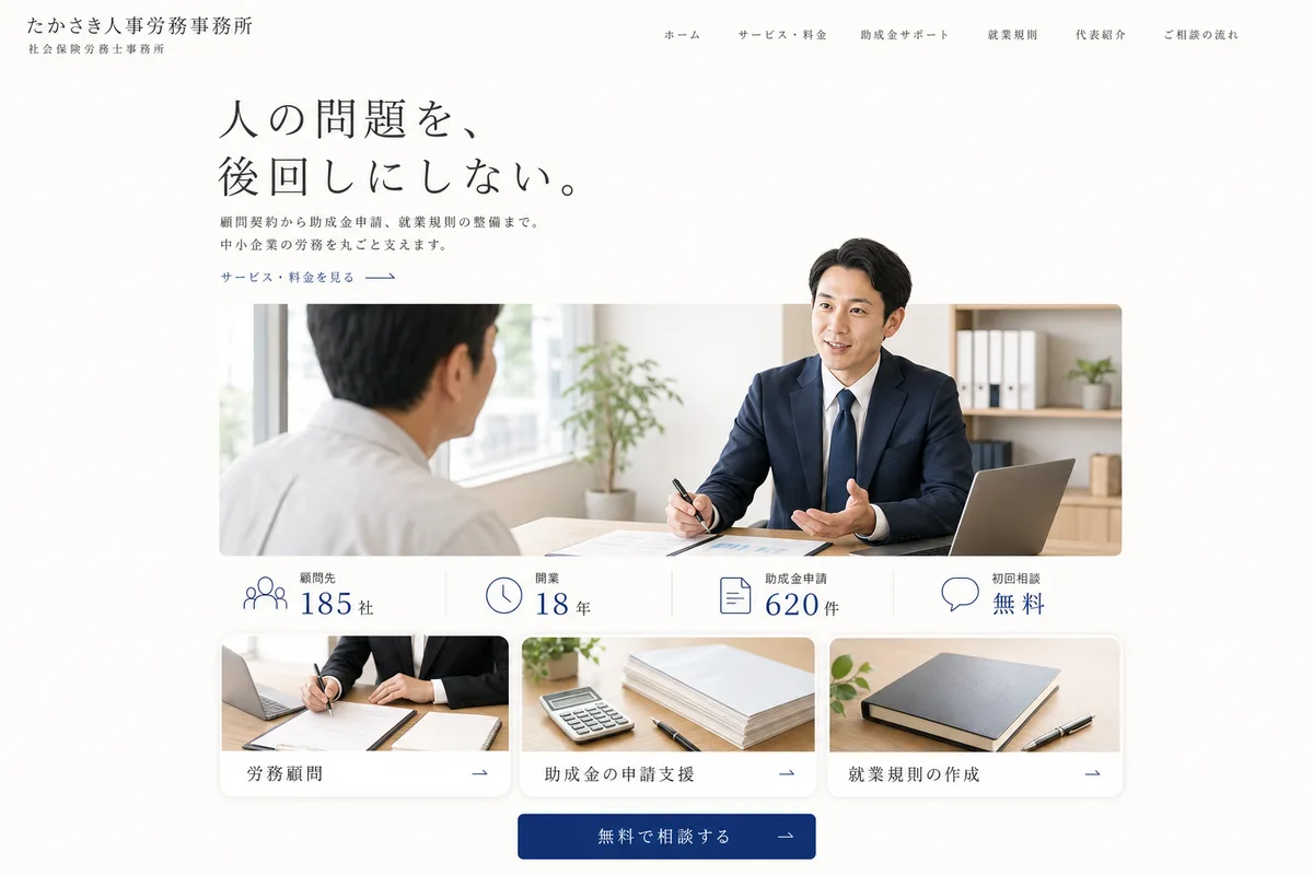 当社が制作する場合のデザイン例(E案:余白を広くとった、静かな白基調)