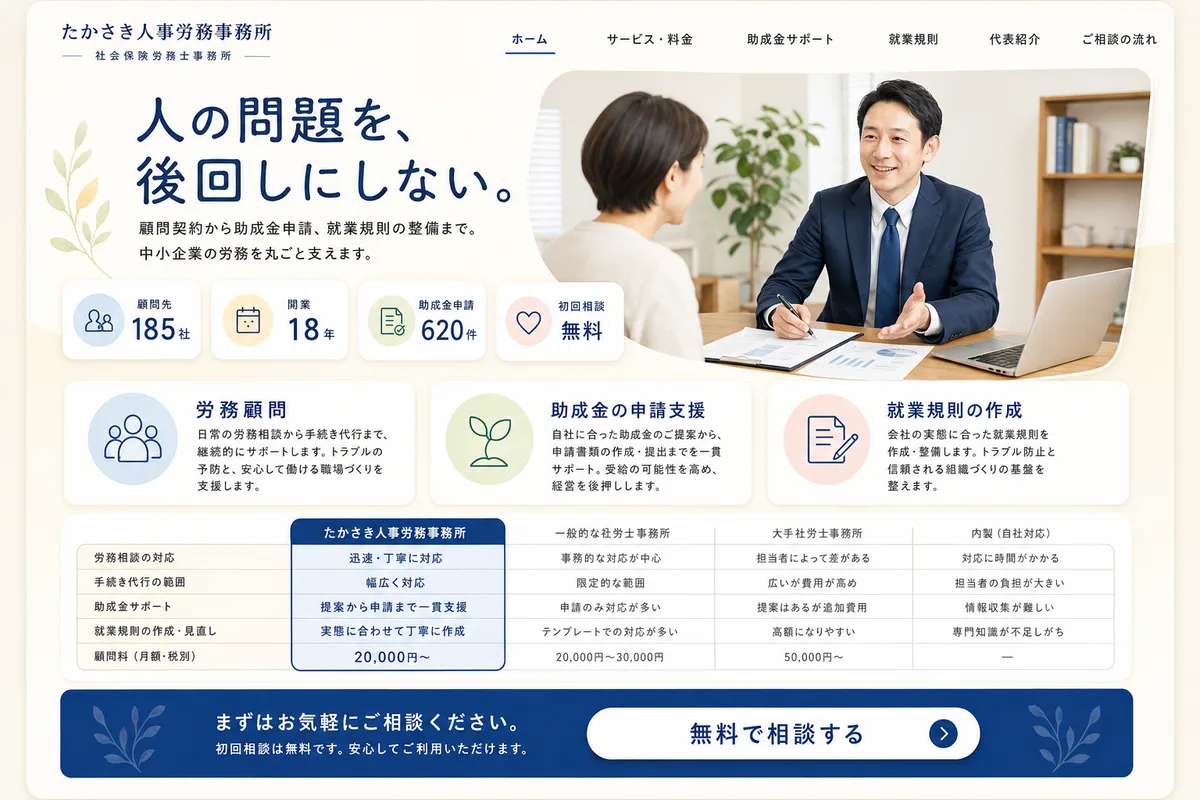 当社が制作する場合のデザイン例(F案:明るい配色と比較表で、選びやすくする型)
