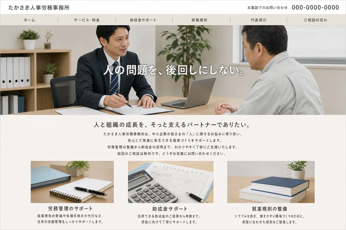 無料テンプレートにありがちな構成の例(写真の上に社名を重ねただけの構成)