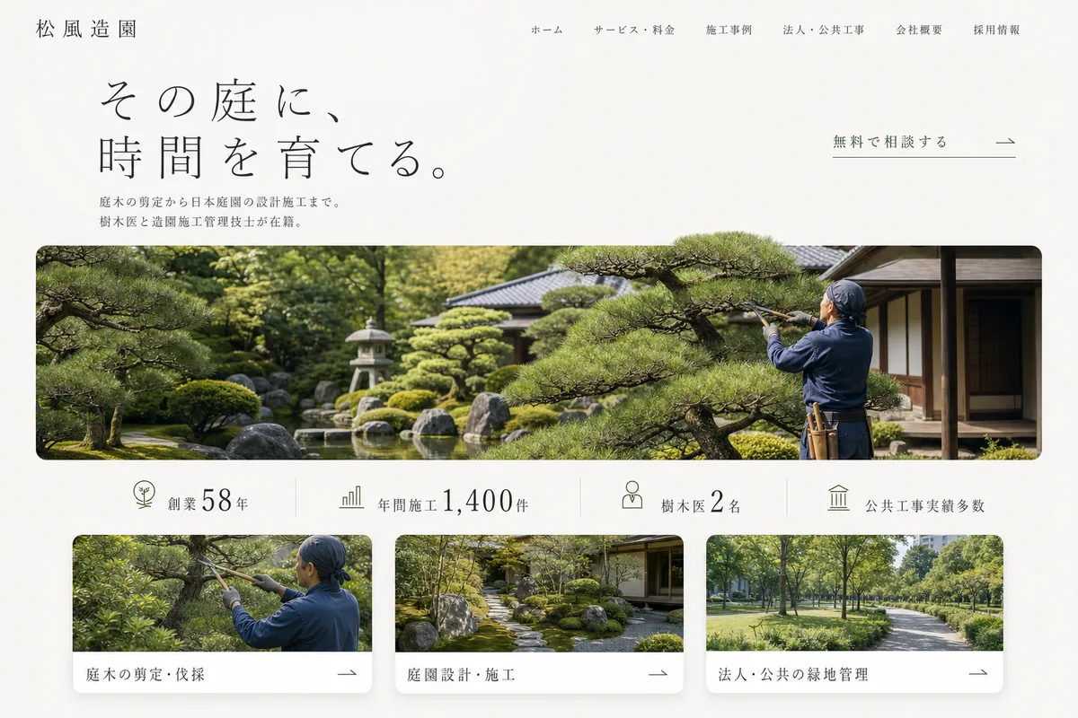 当社が制作する場合のデザイン例（E案：余白を広くとった、静かな白基調）