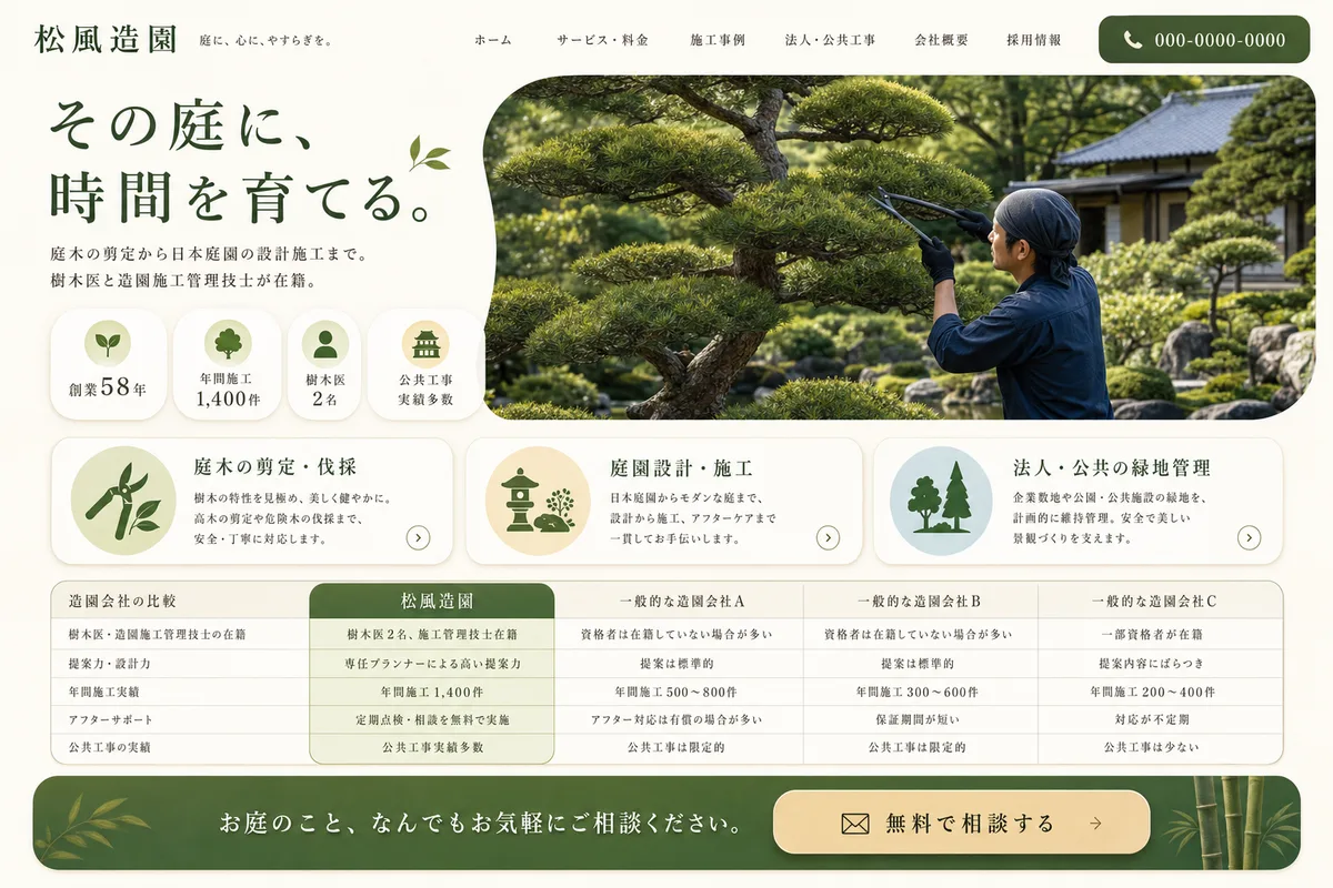 当社が制作する場合のデザイン例（F案：明るい配色と比較表で、選びやすくする型）