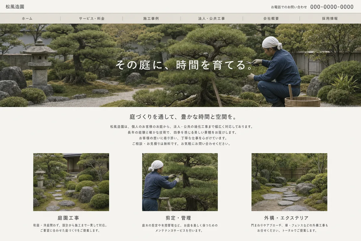 無料テンプレートにありがちな構成の例（写真の上に社名を重ねただけの構成）