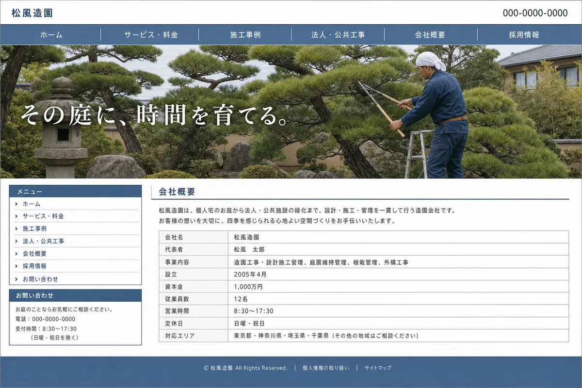 無料テンプレートにありがちな構成の例（情報が均等に並び、優先順位がない構成）