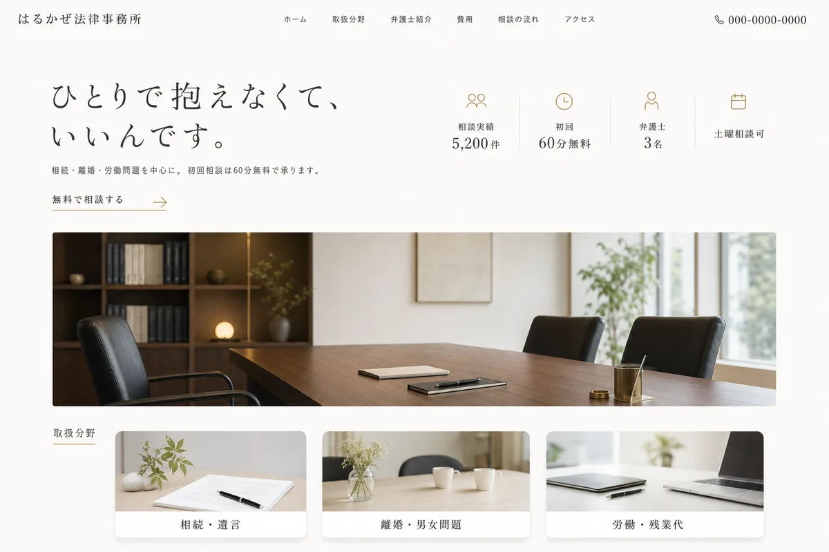 当社が制作する場合のデザイン例（E案：余白を広くとった、静かな白基調）