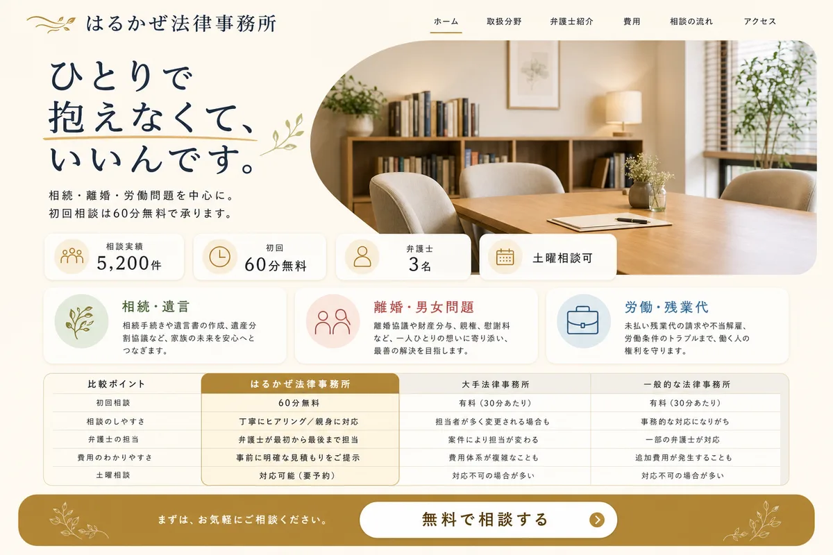 当社が制作する場合のデザイン例（F案：明るい配色と比較表で、選びやすくする型）