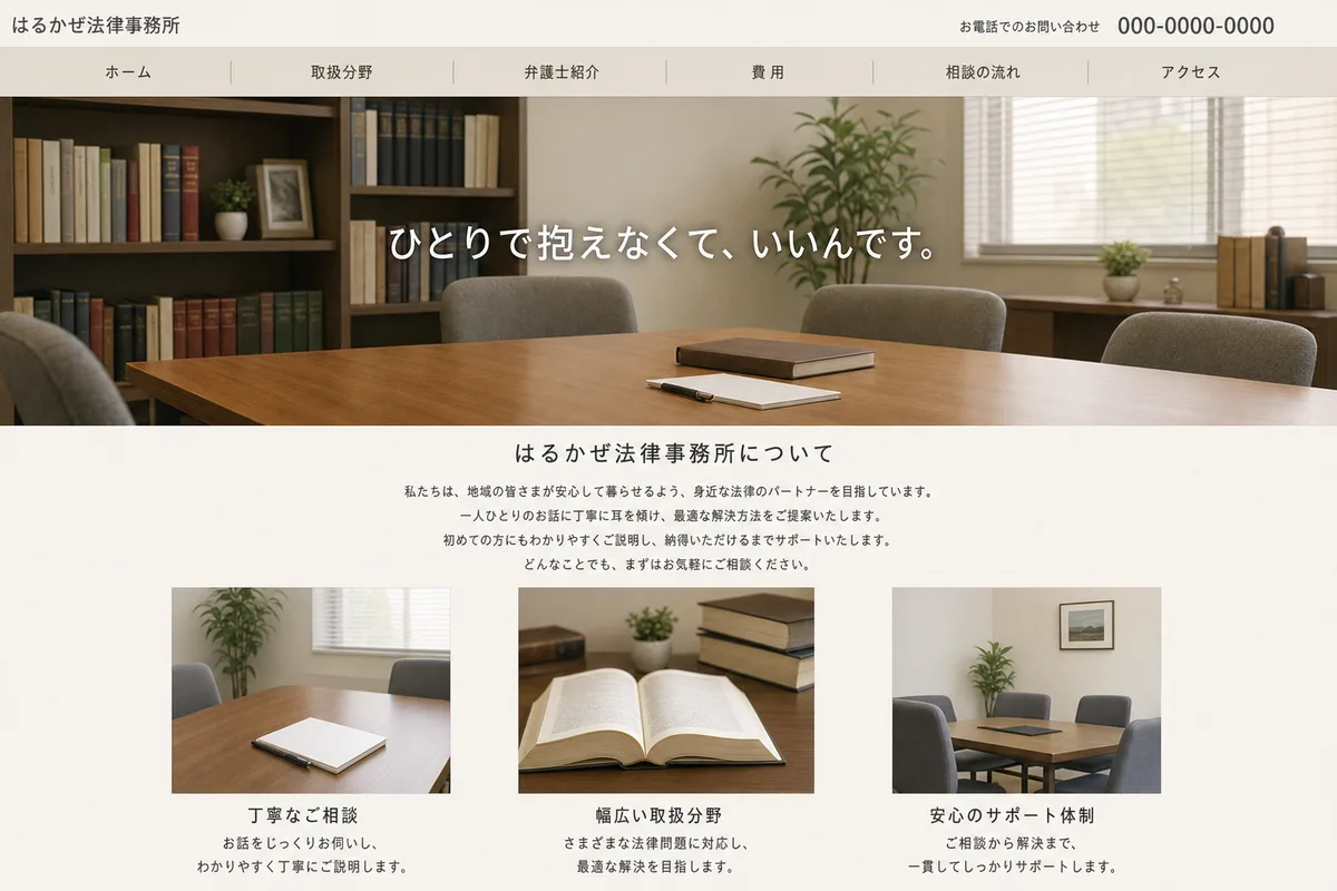 無料テンプレートにありがちな構成の例（写真の上に社名を重ねただけの構成）
