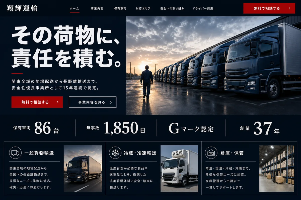 当社が制作する場合のデザイン例（E案：濃色の面と数字で、実績から入る型）