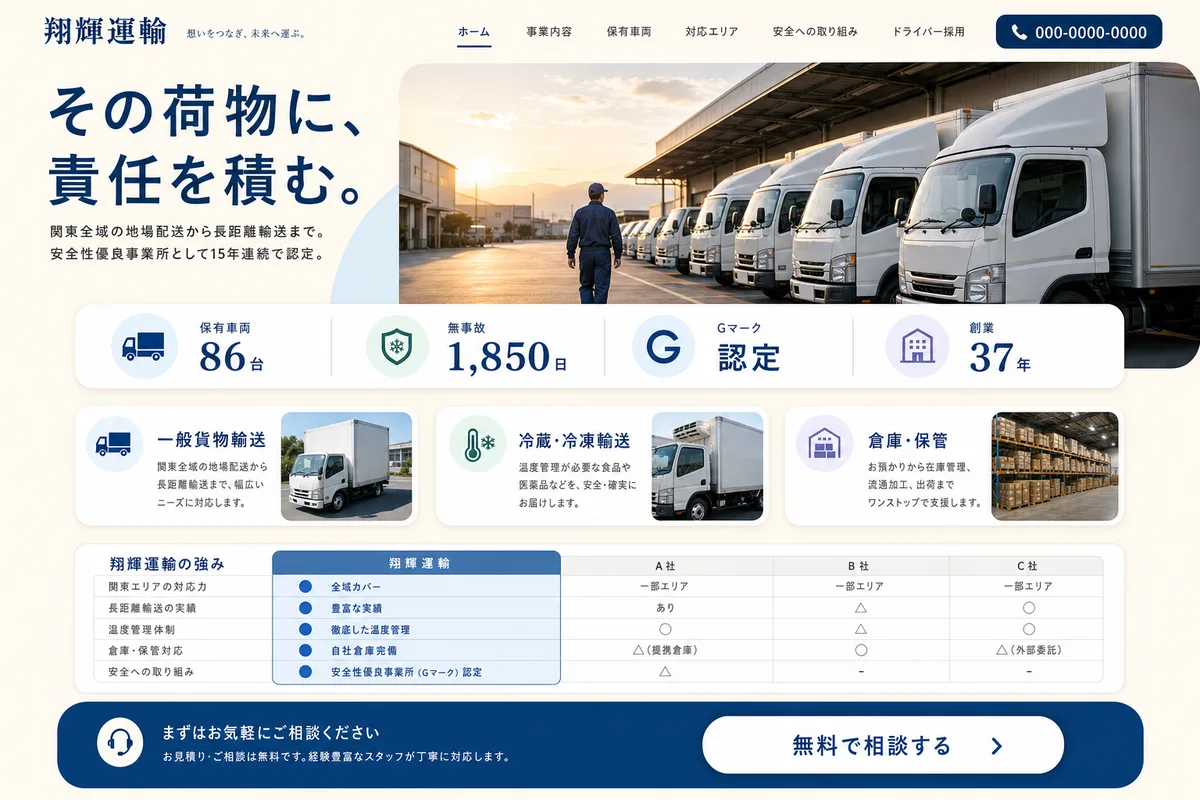 当社が制作する場合のデザイン例（G案：明るい配色と比較表で、選びやすくする型）